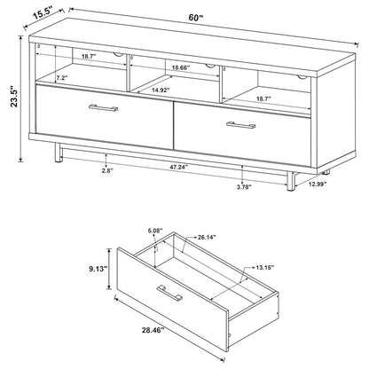 Modern Cappuccino TV Stand 60 Inch, Engineered Wood, 2-Drawer, Chrome Metal Base