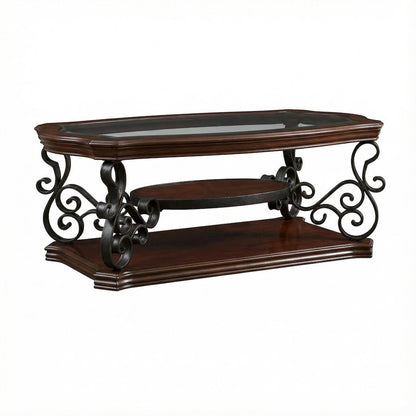 Deep Merlot Rectangular Coffee Table with One Shelf and Glass Top Design