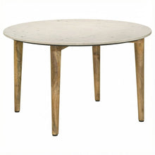 Round White Coffee Table with Marble Top and Warm Wood Finish