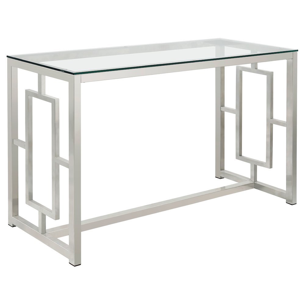 Glass Top Console Table, Nickel Metal Base, Contemporary Style, Tempered Glass