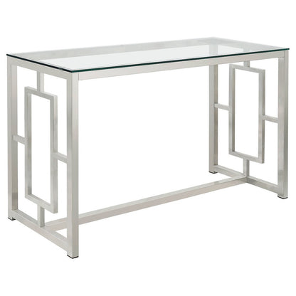 Glass Top Console Table, Nickel Metal Base, Contemporary Style, Tempered Glass