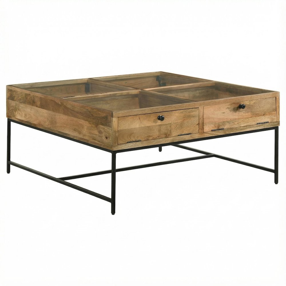 Brown Square Coffee Table with Honey Brown Wood Finish and 4 Drawers for Storage