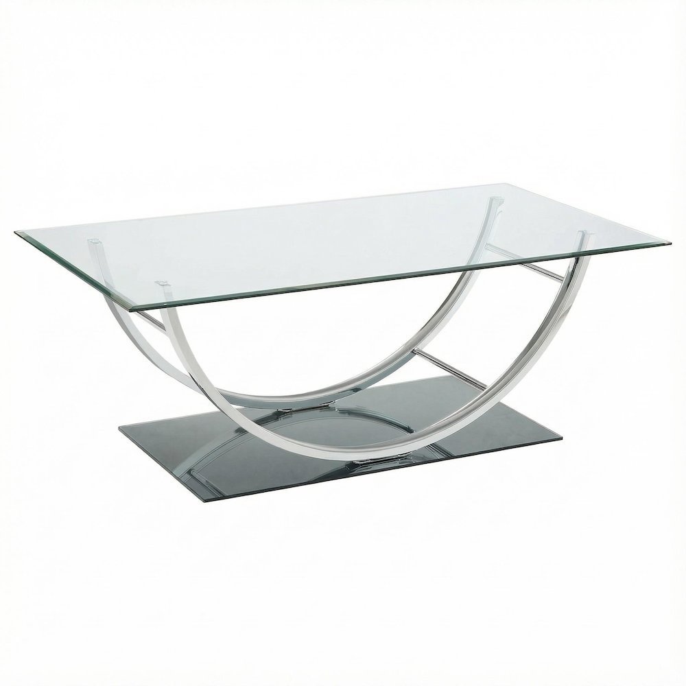 Rectangular Silver U-Shaped Coffee Table with Glass Top and Chrome Frame
