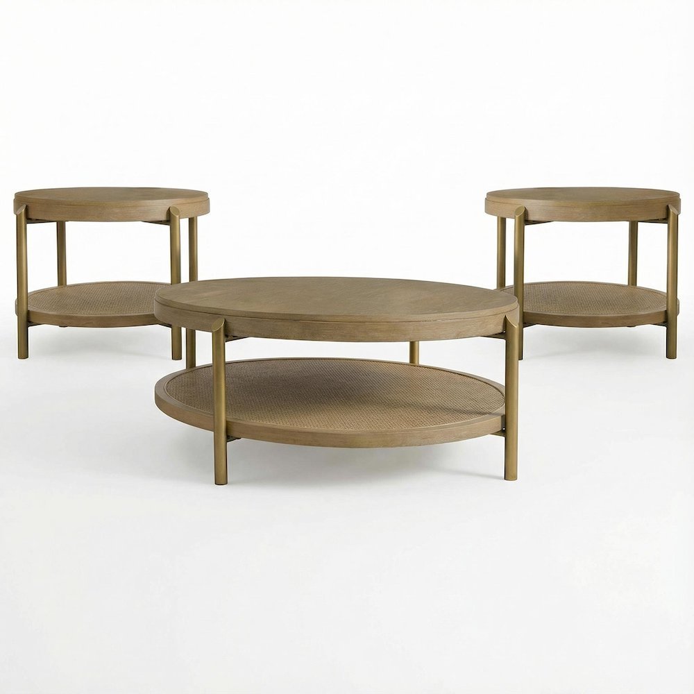 3-Piece Round Sand Wash Coffee and End Table Set with Sturdy Construction