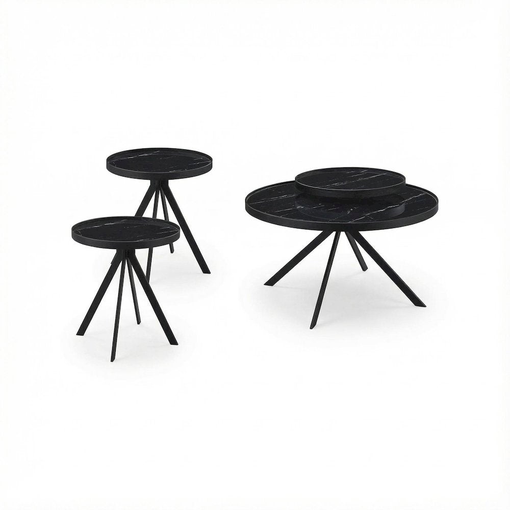 Black 3-Piece Round Coffee and End Table Set with Contemporary Design