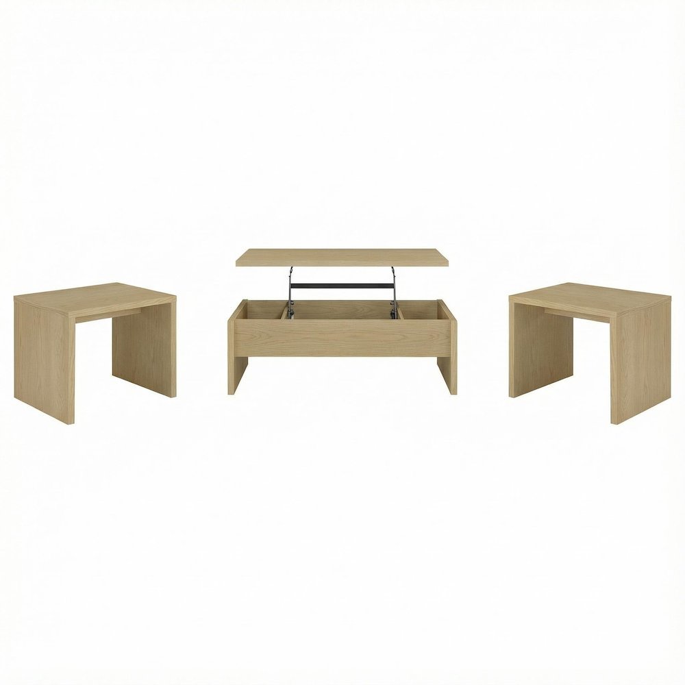 Light Oak 3-Piece Lift Top Coffee Table Set, Rectangular Shape, Plastic Glide