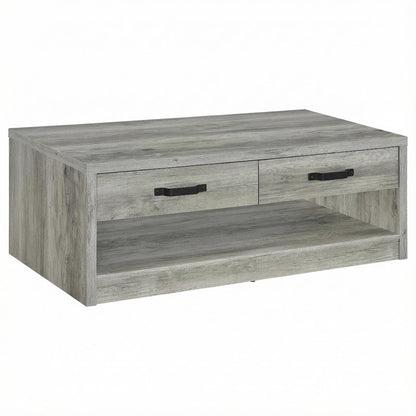 Grey Driftwood Rectangular Coffee Table with 2 Drawers and Black Finish