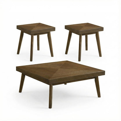 3-Piece Walnut Square Coffee and End Table Set with Mid-Century Modern Design