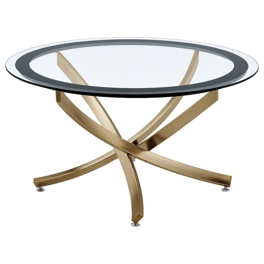 Modern Round Coffee Table, Rose Brass Metal Base, Glass Top, Elegant Design