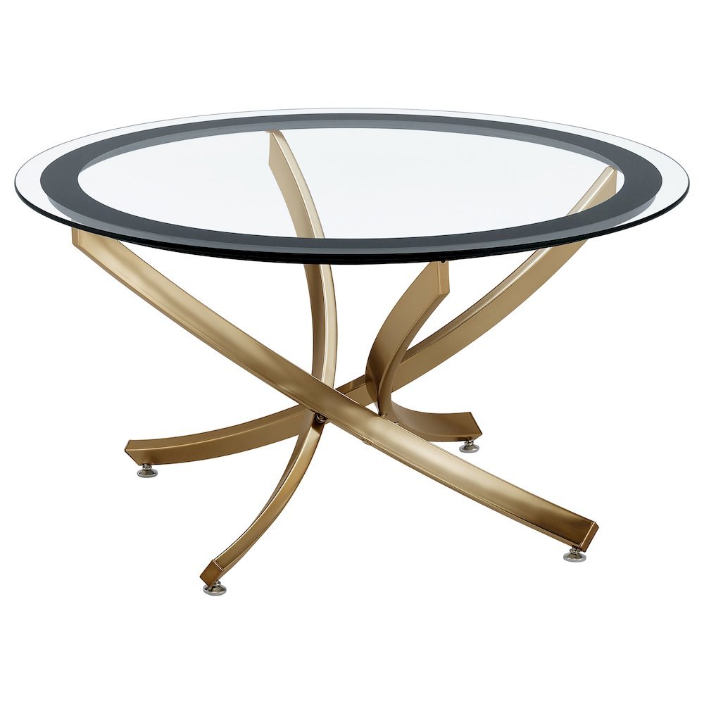 Modern Round Coffee Table, Rose Brass Metal Base, Glass Top, Elegant Design