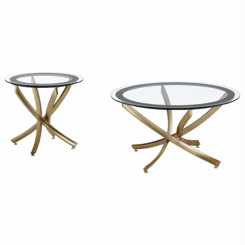 Round Gold Coffee Table Set 2-Piece with Glass Tops and Contemporary Design