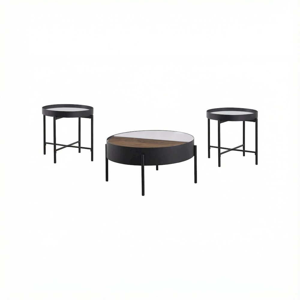 3-Piece Sandy Black Round Coffee and End Table Set Rustic Design