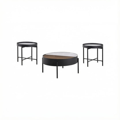 3-Piece Sandy Black Round Coffee and End Table Set Rustic Design