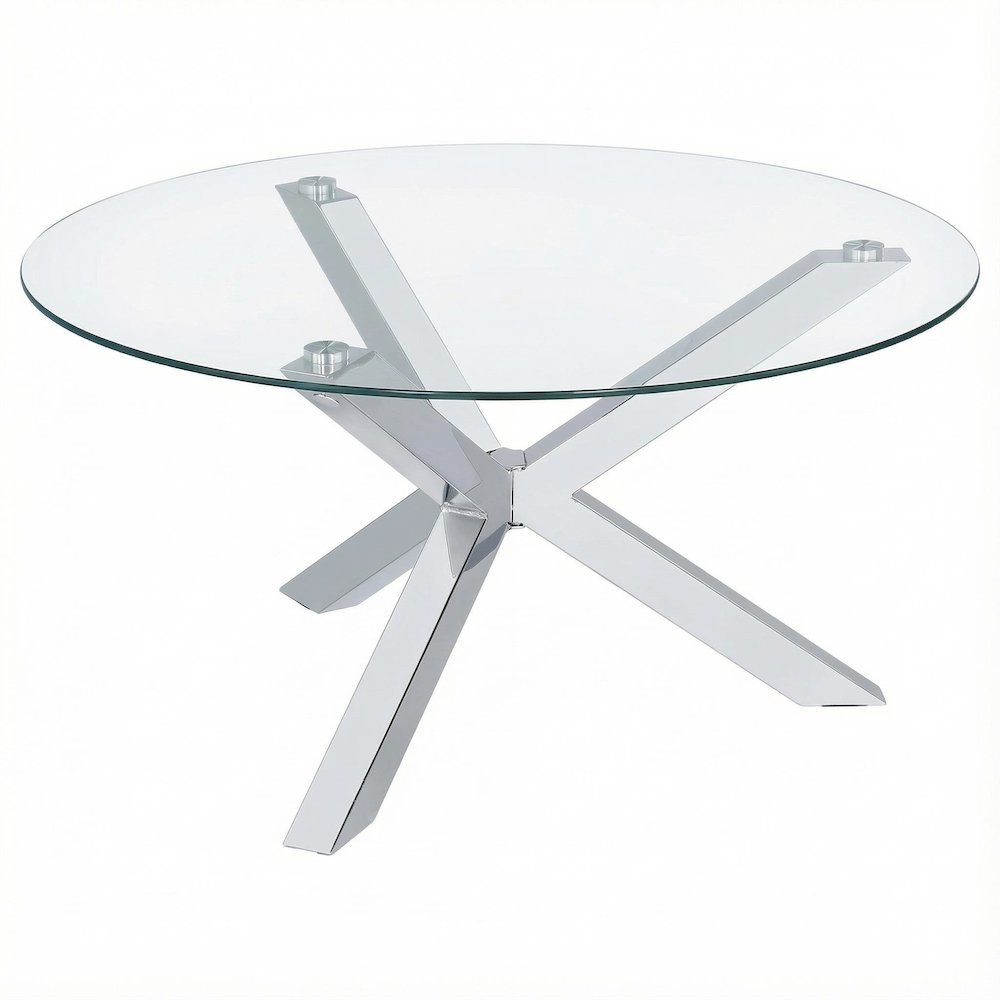 Round Tempered Glass Top Coffee Table Chrome Frame with Plastic Glide Base