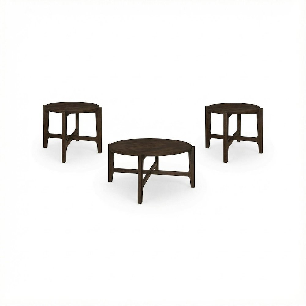Dark Brown 3-Piece Solid Wood Coffee and End Table Set with Round Shape
