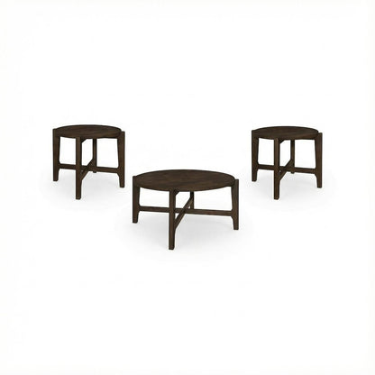 Dark Brown 3-Piece Solid Wood Coffee and End Table Set with Round Shape