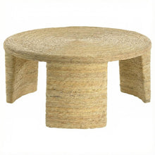 Warm Brown Round Coffee Table with Woven Rattan Surface Coastal Design