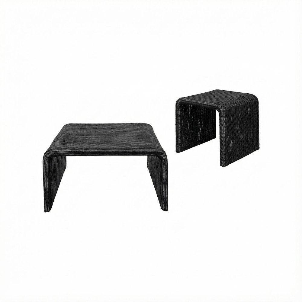 Black 2-Piece Rattan Coffee and End Table Set with Coastal Style, Durable Build