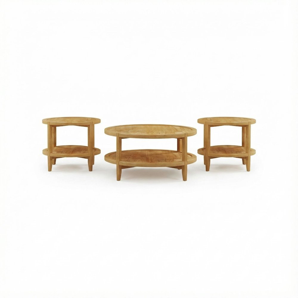 3-Piece Round Coffee and End Table Set Maple Finish with Transitional Style