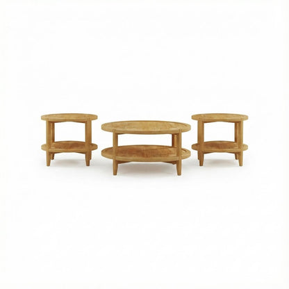 3-Piece Round Coffee and End Table Set Maple Finish with Transitional Style