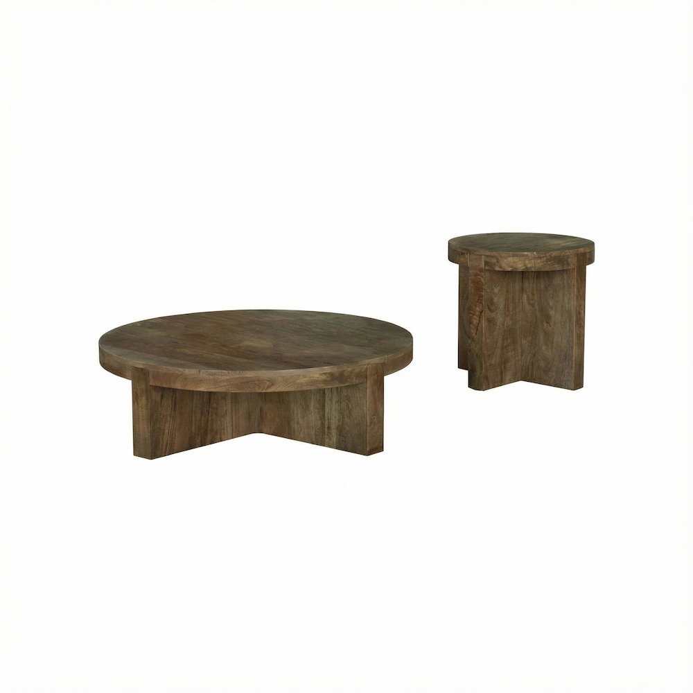Brown 2-Piece Round Solid Wood Coffee and End Table Set with Farmhouse Design