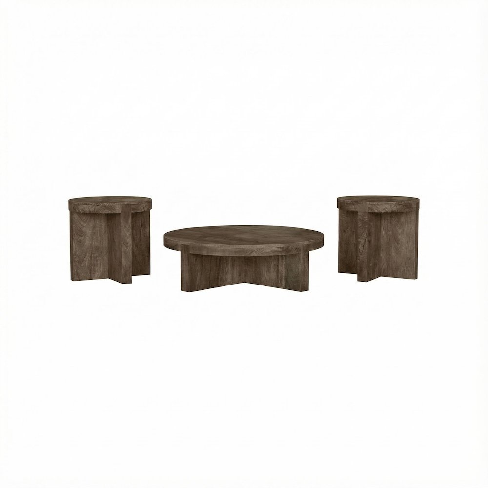 Brown 3-Piece Solid Wood Coffee and End Table Set with Round Farmhouse Design