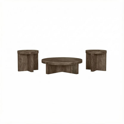 Brown 3-Piece Solid Wood Coffee and End Table Set with Round Farmhouse Design