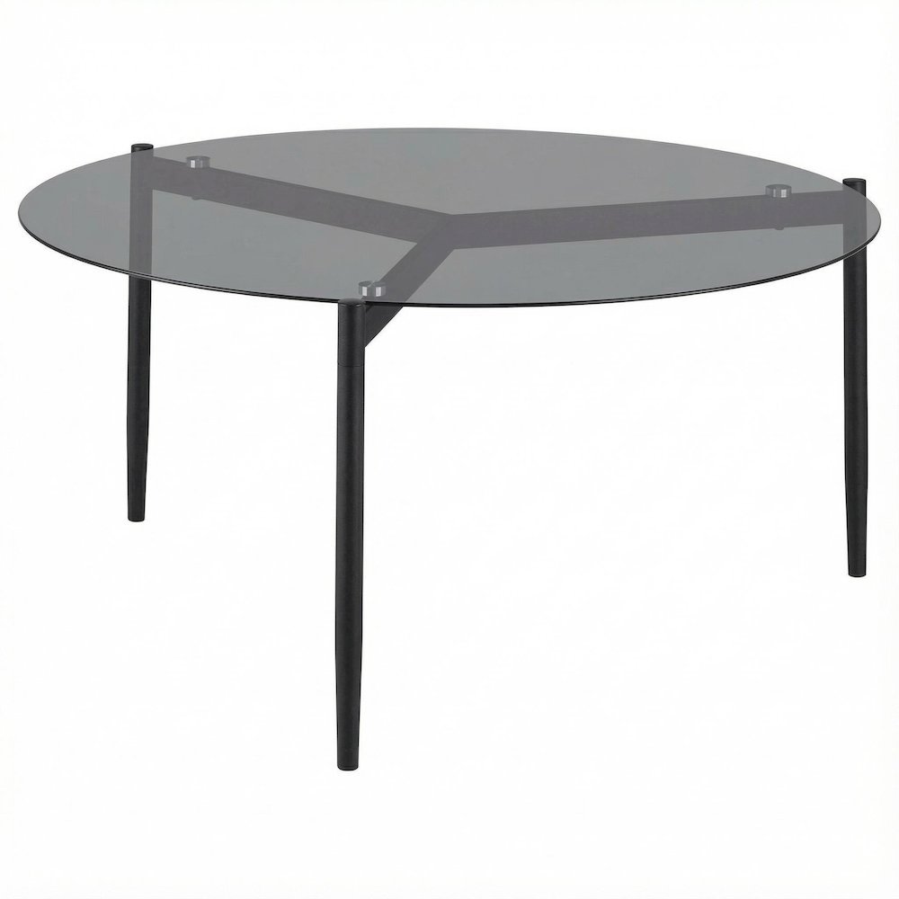 Round Sandy Black Coffee Table with Smoked Glass Top and Contemporary Design