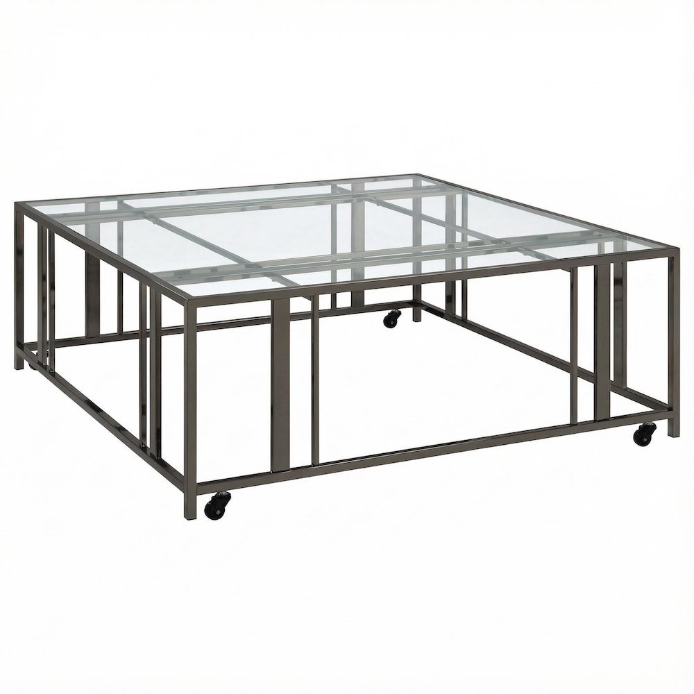 Square Black Glass Top Coffee Table with Casters and Contemporary Style