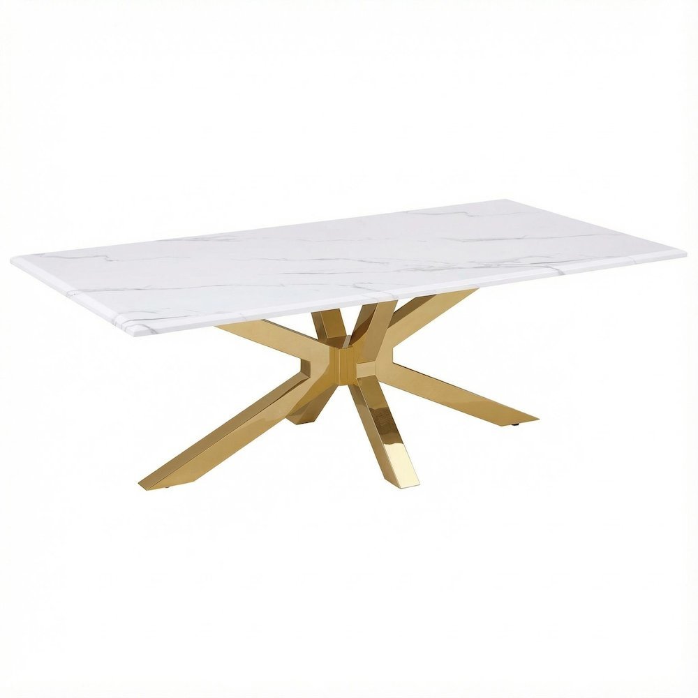 White Faux Marble Top Coffee Table Gold Stainless Steel Frame Modern Design