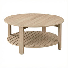 Round Brown Engineered Wood Coffee Table with Shelf and Farmhouse Style