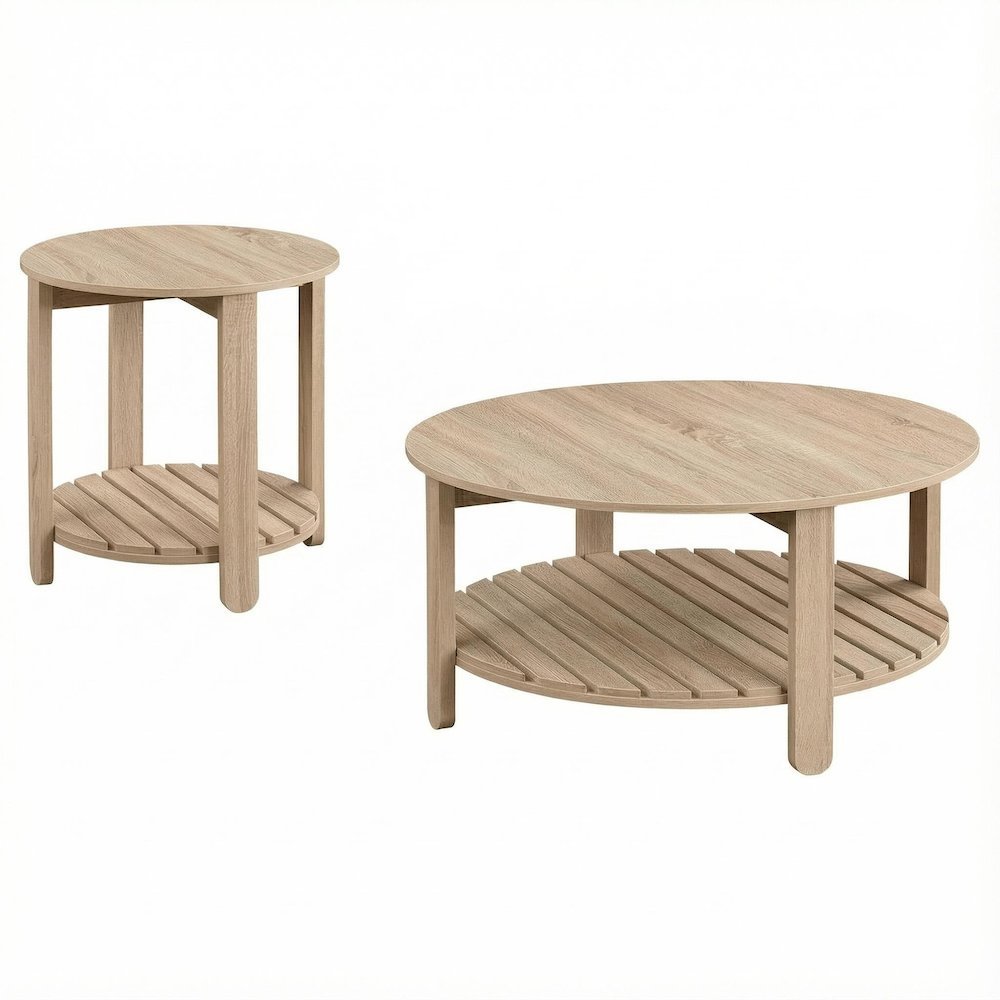 Light Wood Round 2-Piece Coffee and End Table Set with Farmhouse Style