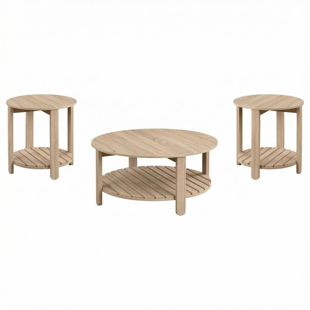 Light Wood Round 3-Piece Coffee and End Table Set with Farmhouse Style