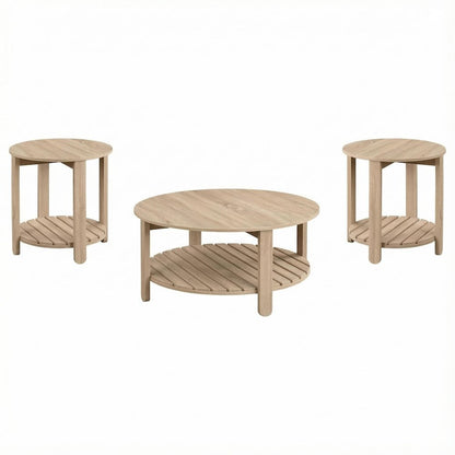 Light Wood Round 3-Piece Coffee and End Table Set with Farmhouse Style