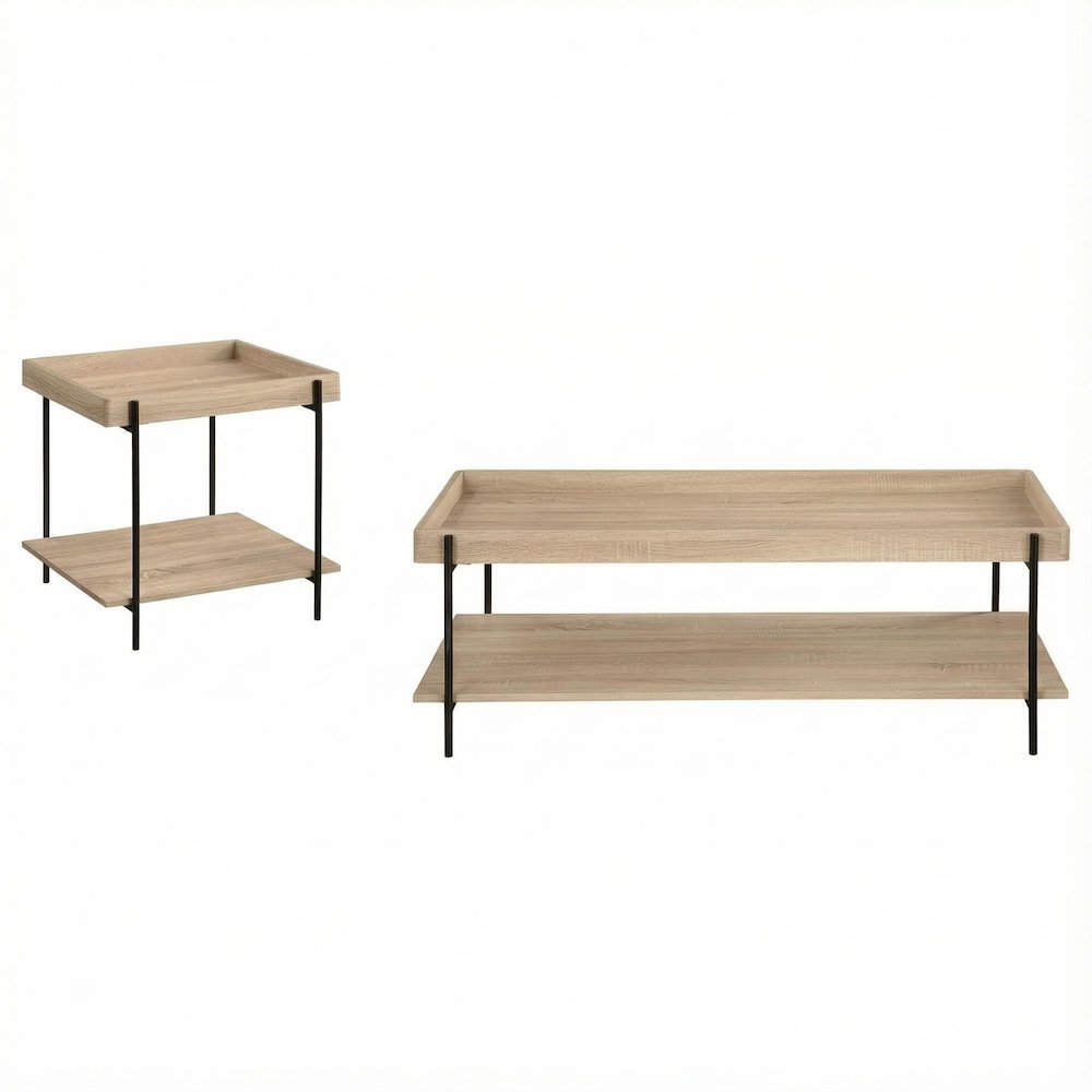 Neutral 2-Piece Rectangular Coffee and End Table Set with Farmhouse Style