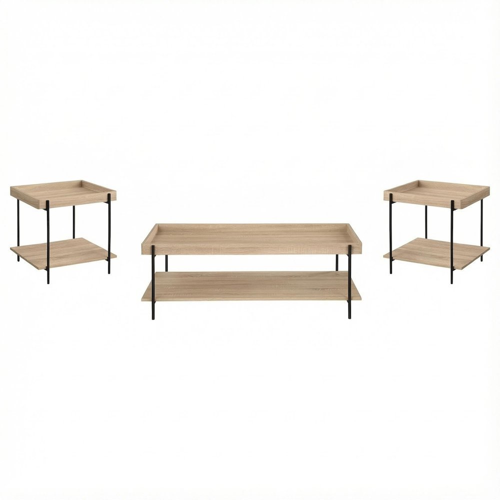 Warm Wood Rectangular 3-Piece Coffee and End Table Set with Farmhouse Style