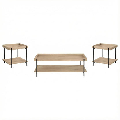 Warm Wood Rectangular 3-Piece Coffee and End Table Set with Farmhouse Style