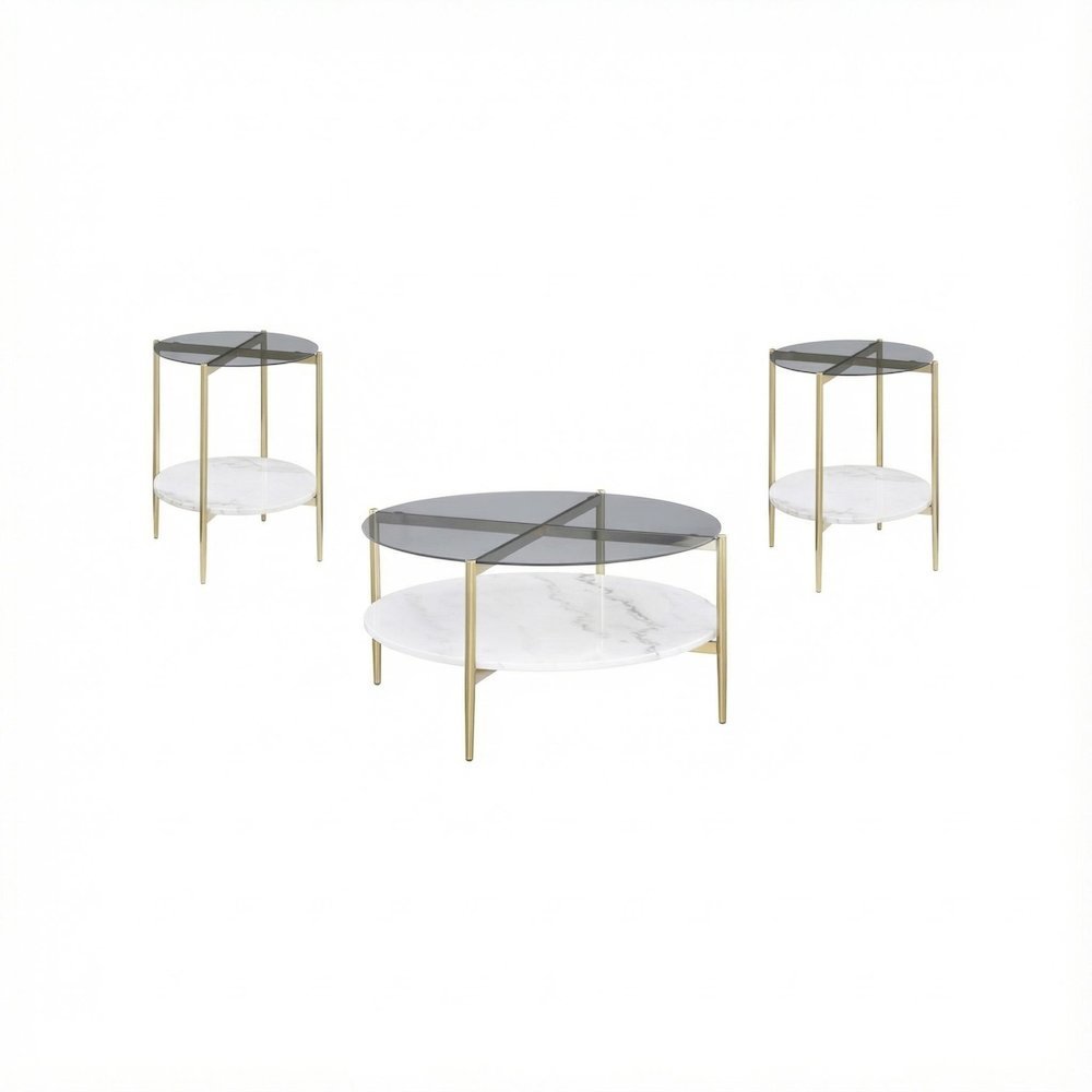 3-Piece Gold Round Coffee and End Table Set, Plastic Glide, Contemporary Design