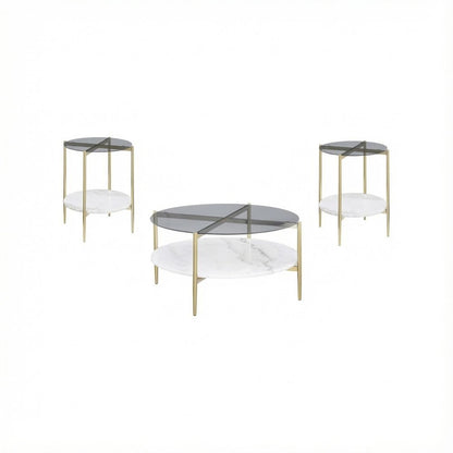 3-Piece Gold Round Coffee and End Table Set, Plastic Glide, Contemporary Design
