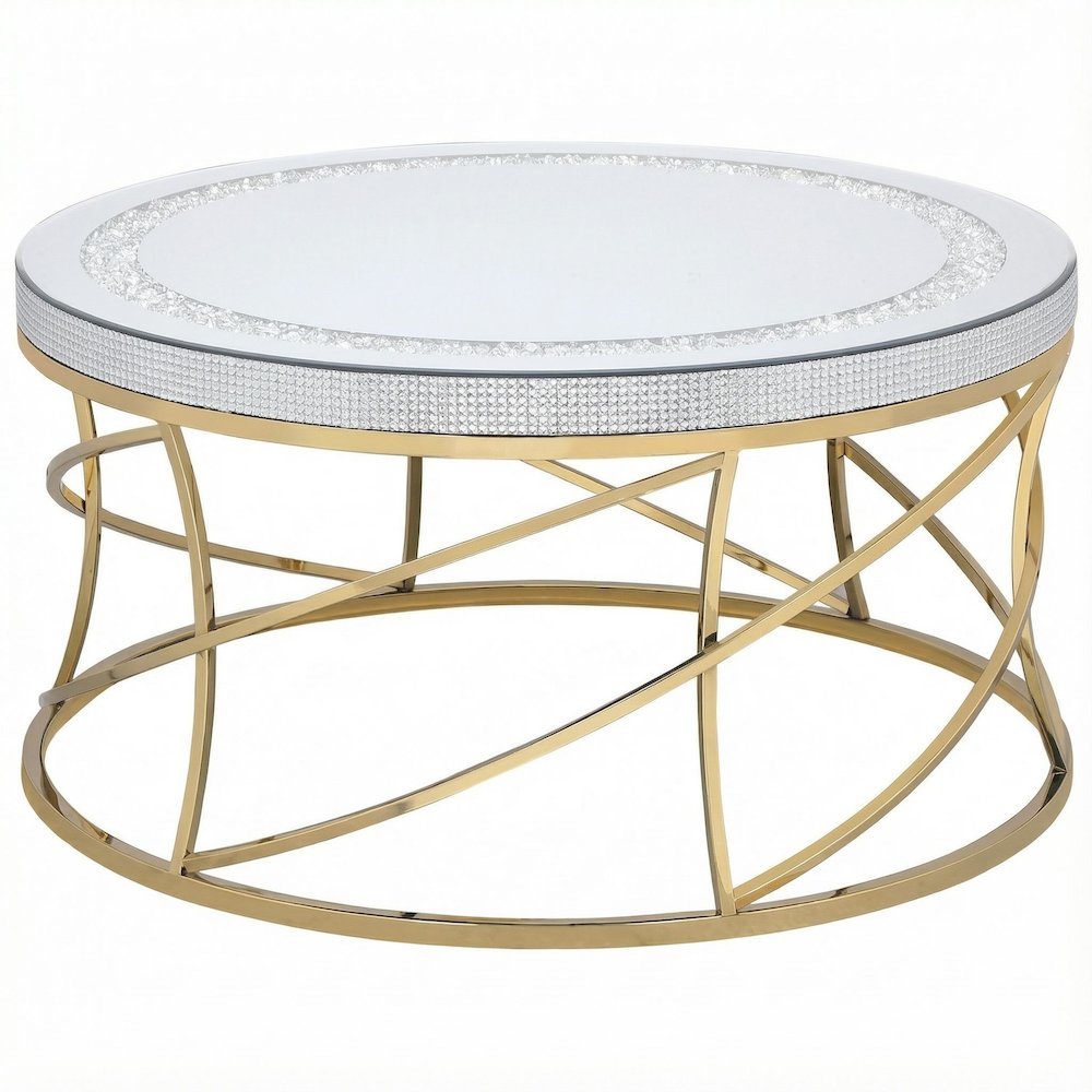 Round Gold Coffee Table with Stainless Steel Frame and Mirror Top