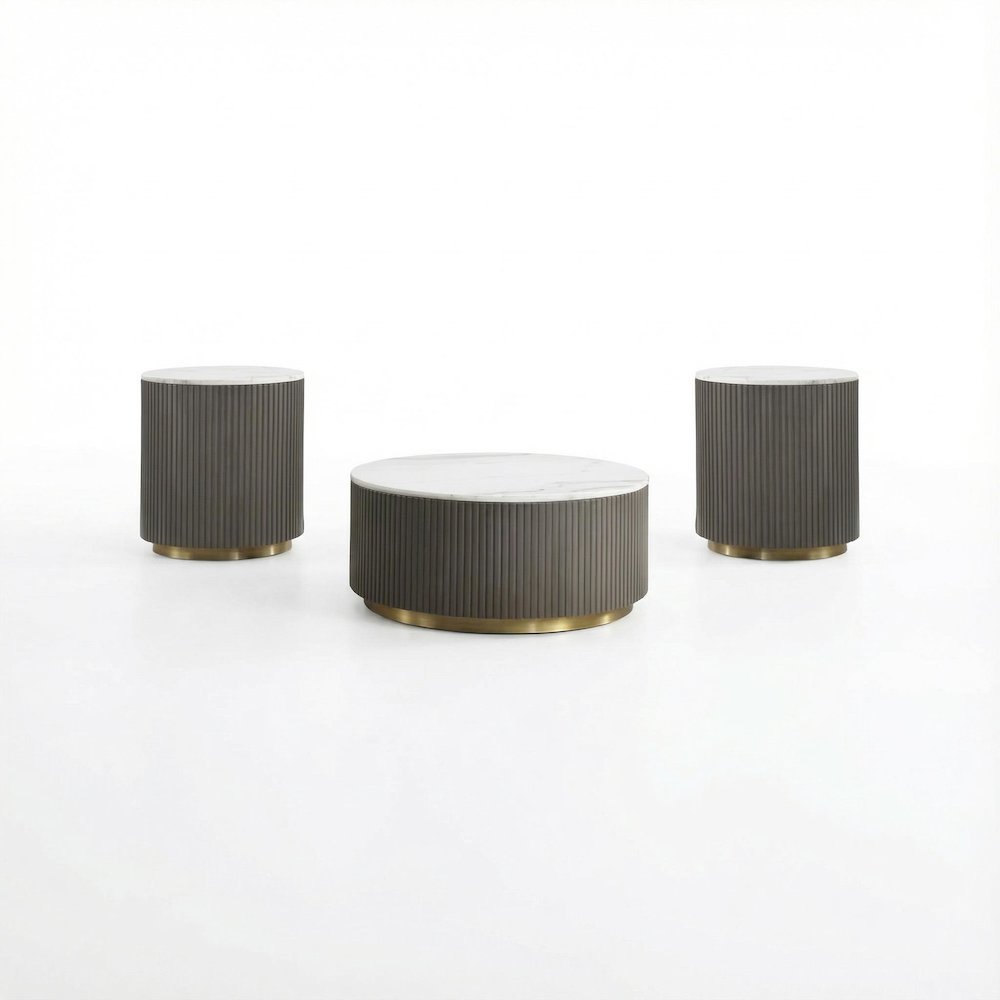 White 3-Piece Round Marble Coffee and End Table Set with Contemporary Style