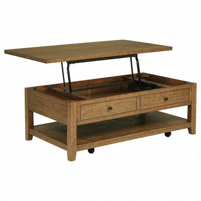 Distressed Brown Lift-Top Coffee Table with Mobility and Rectangular Shape