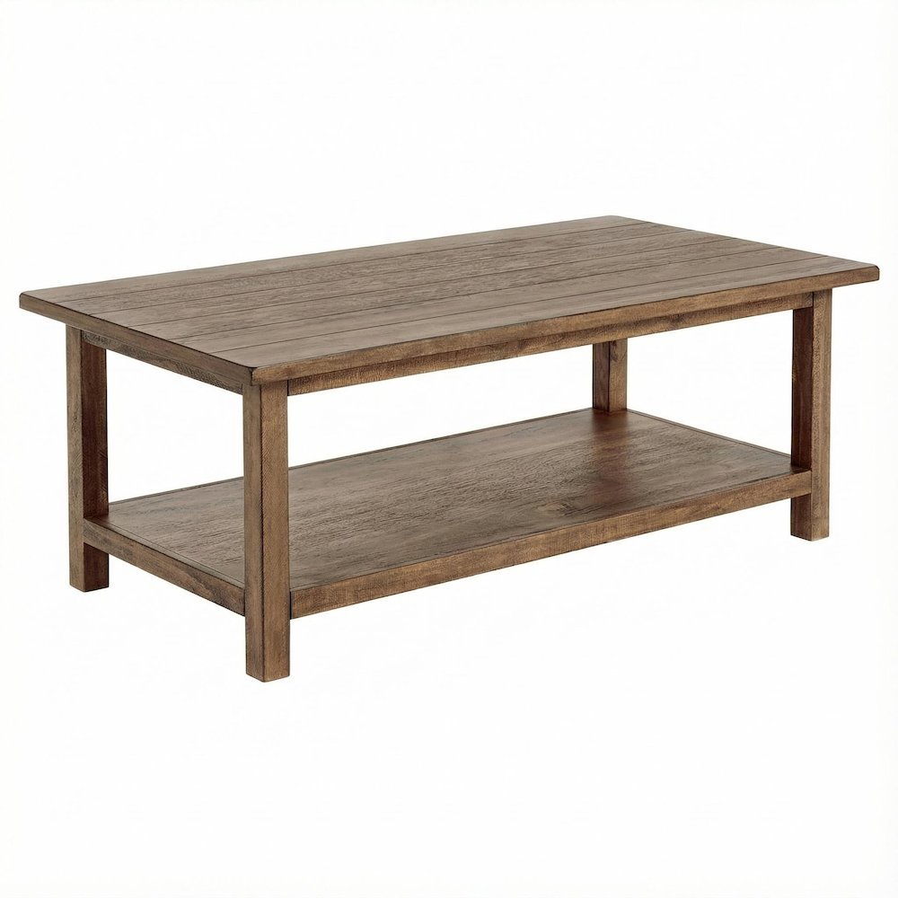Distressed Brown Wood Coffee Table with Shelf Rectangular Farmhouse Style