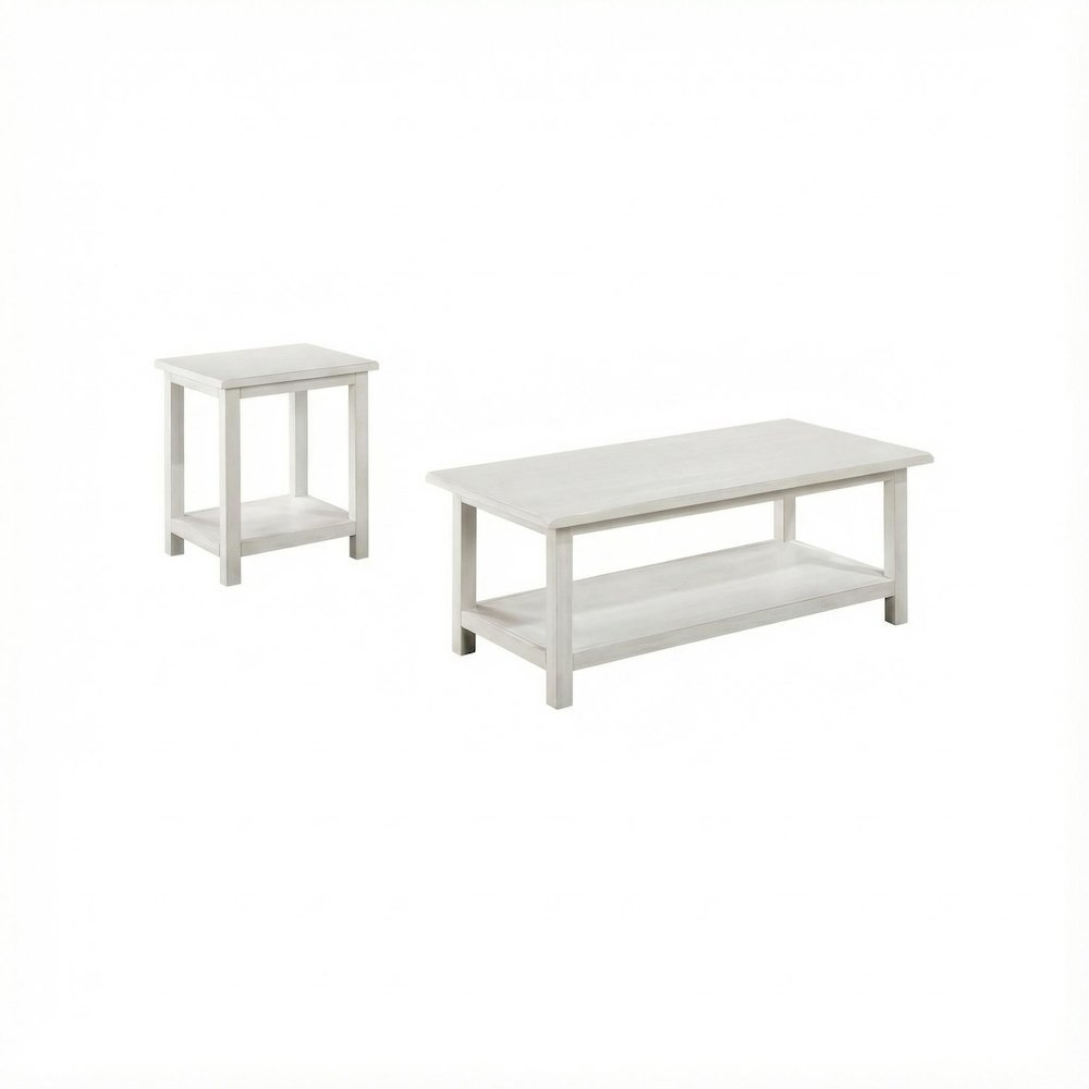 Distressed White 2-Piece Coffee and End Table Set with Farmhouse Style