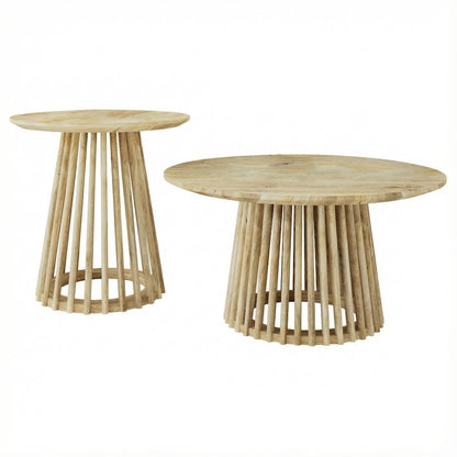 Round Mango Wood 2-Piece Coffee and End Table Set with Durable Wood Construction