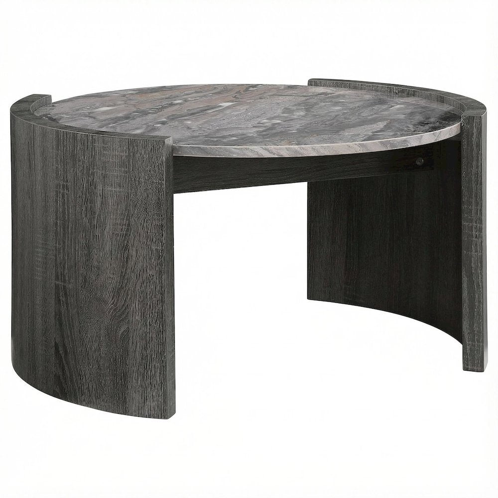 Round Coffee Table Distressed Grey Faux Marble Top Contemporary Style