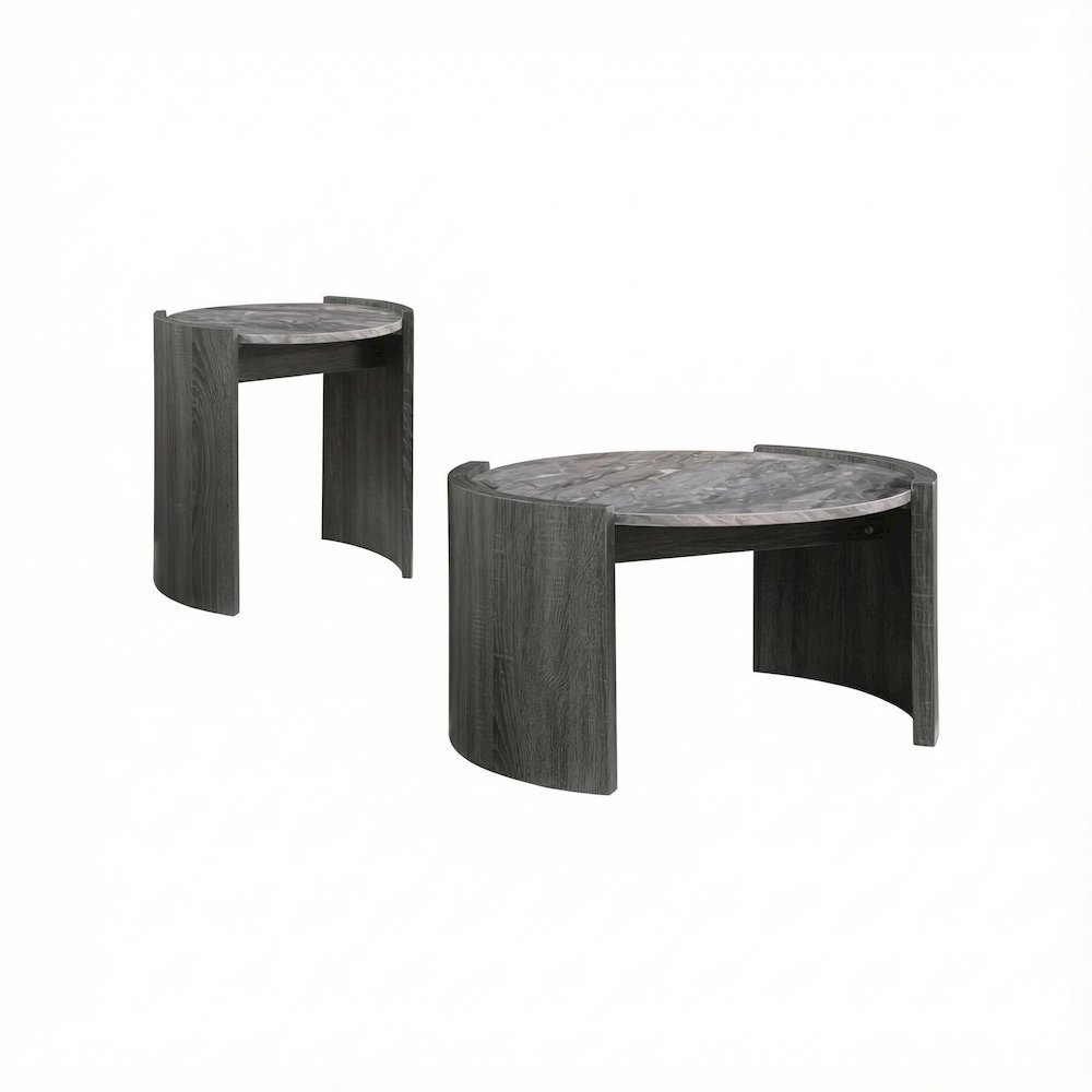 Distressed Grey 2-Piece Round Coffee and End Table Set with Contemporary Style