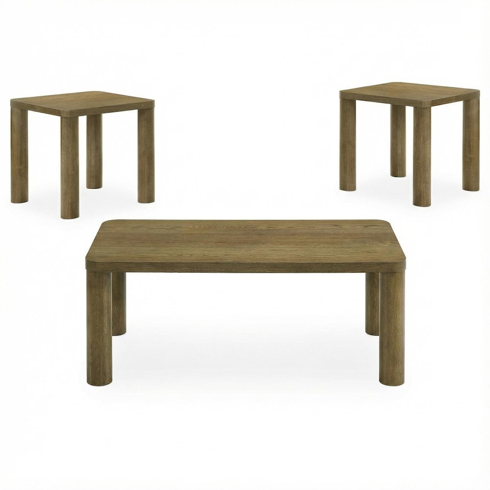 Brown Oak 3-Piece Coffee and End Table Set,Rectangular Tops, Transitional Design