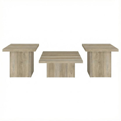 Distressed Pine 3-Piece Square Coffee and End Table Set with Plastic Glide