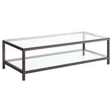 Contemporary Coffee Table, Black Nickel Finish, Tempered Glass Shelf